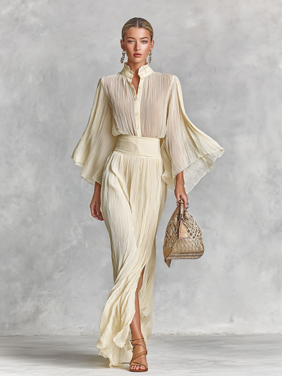 Camicia da donna in chiffon plissettato con collo alto