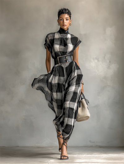 Abito lungo in chiffon a quadri da donna