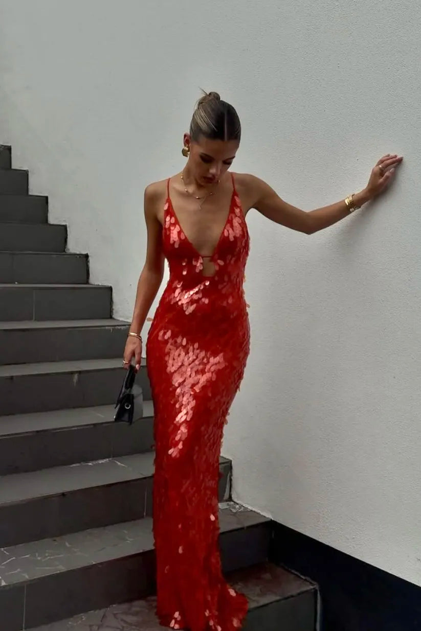 Selene – Abito maxi in paillettes con profondo scollo a V