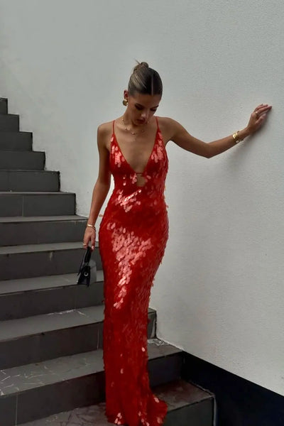 Selene – Abito maxi in paillettes con profondo scollo a V