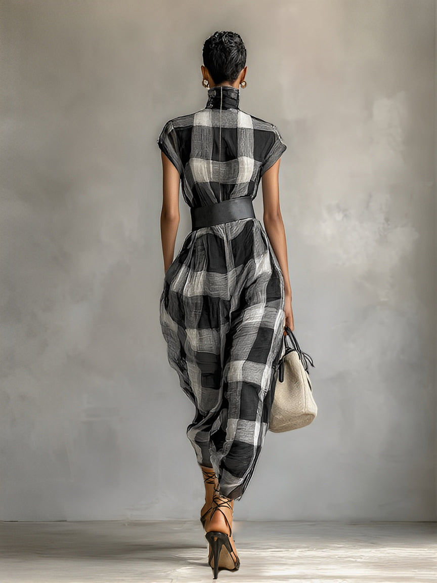 Abito lungo in chiffon a quadri da donna