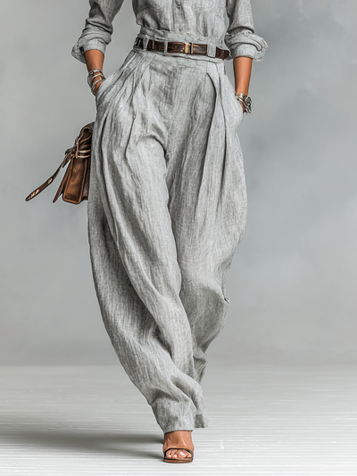 Set di Camicia e Pantaloni in Cotone-Lino a Maniche Lunghe per Donna