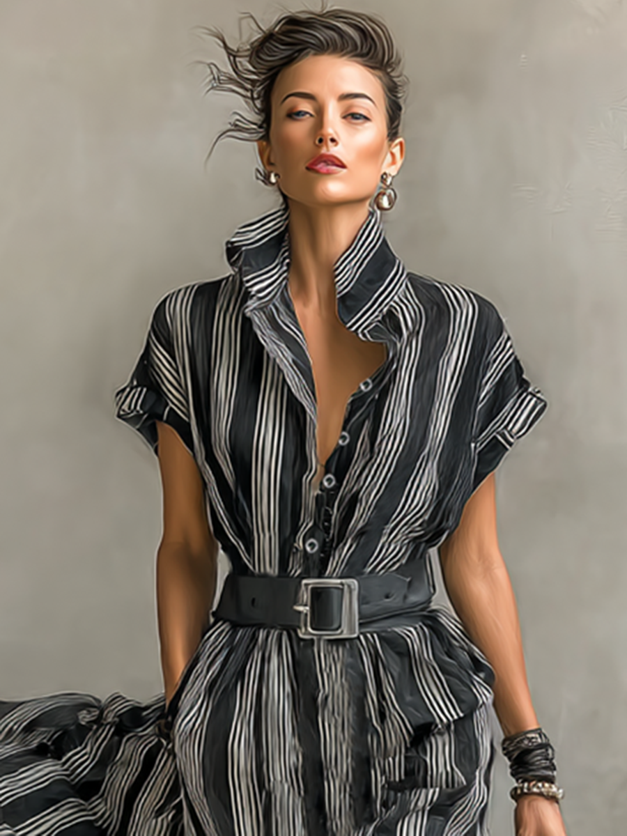 Abito lungo in chiffon a righe stampato