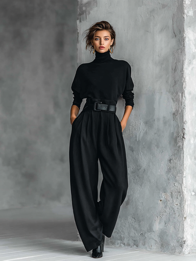 Camicia nera a maniche lunghe con pantaloni dritti