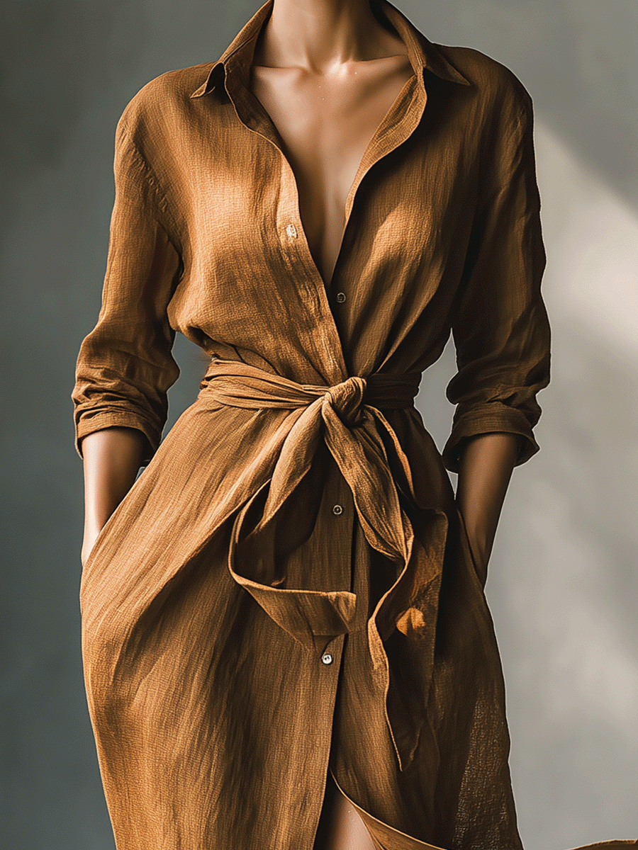 Abito Maxi Camicia Vintage Donna Marrone