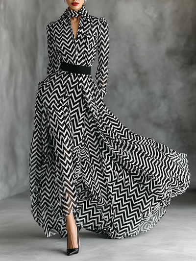 Abito Maxi Chiffon a Righe Bianco e Nero da Donna