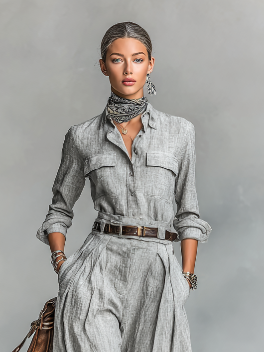 Set di Camicia e Pantaloni in Cotone-Lino a Maniche Lunghe per Donna