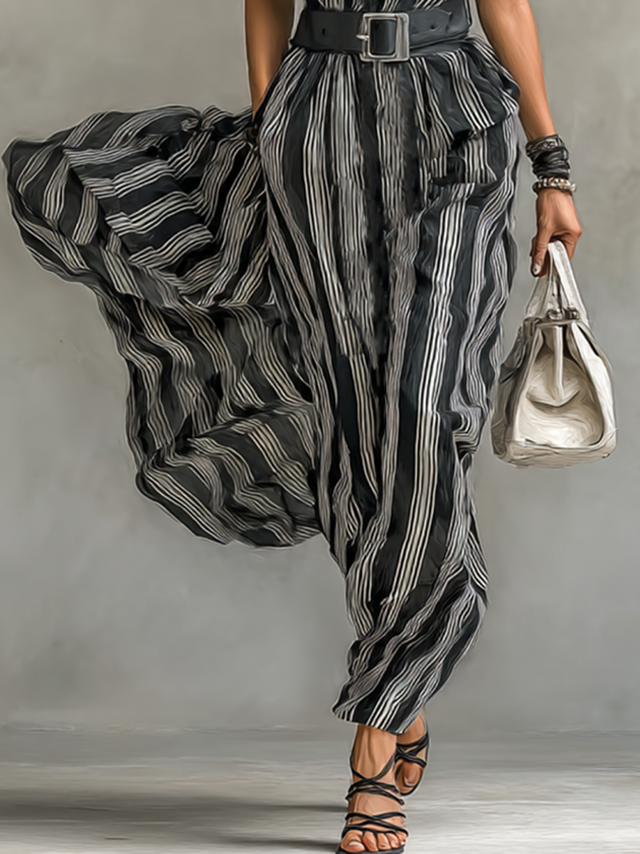 Abito lungo in chiffon a righe stampato