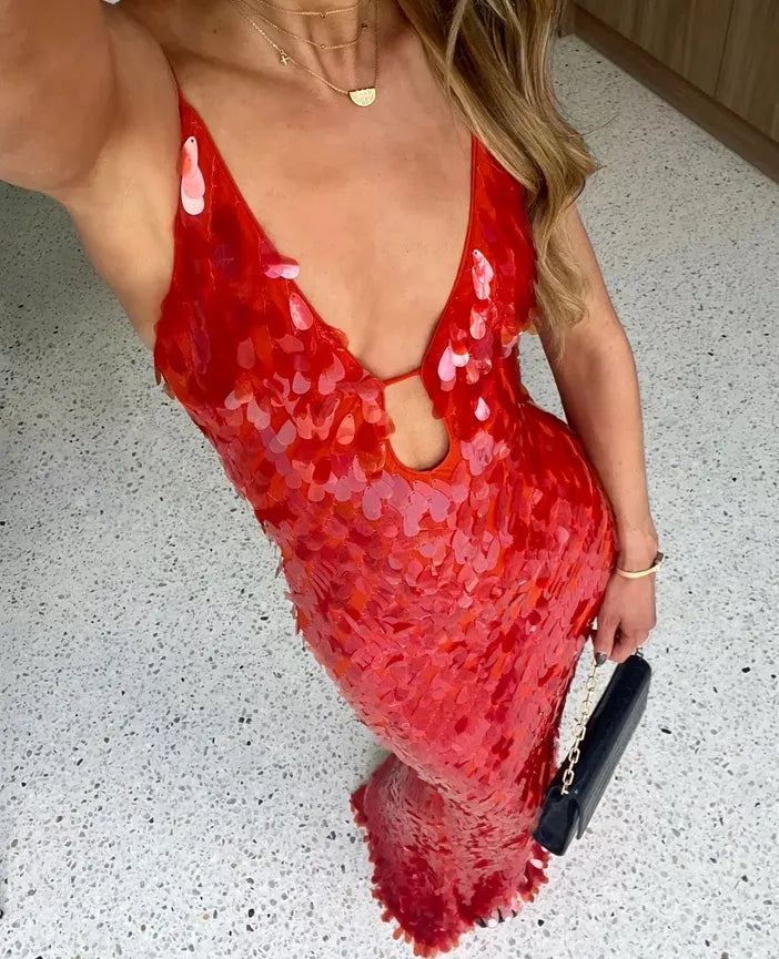 Selene – Abito maxi in paillettes con profondo scollo a V