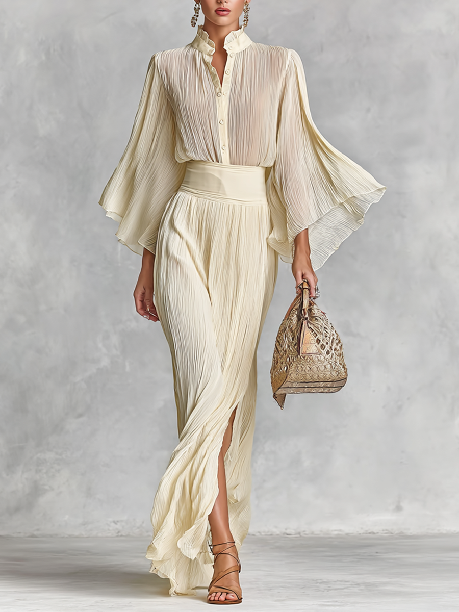 Camicia da donna in chiffon plissettato con collo alto