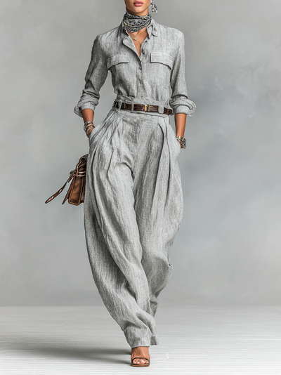 Set di Camicia e Pantaloni in Cotone-Lino a Maniche Lunghe per Donna