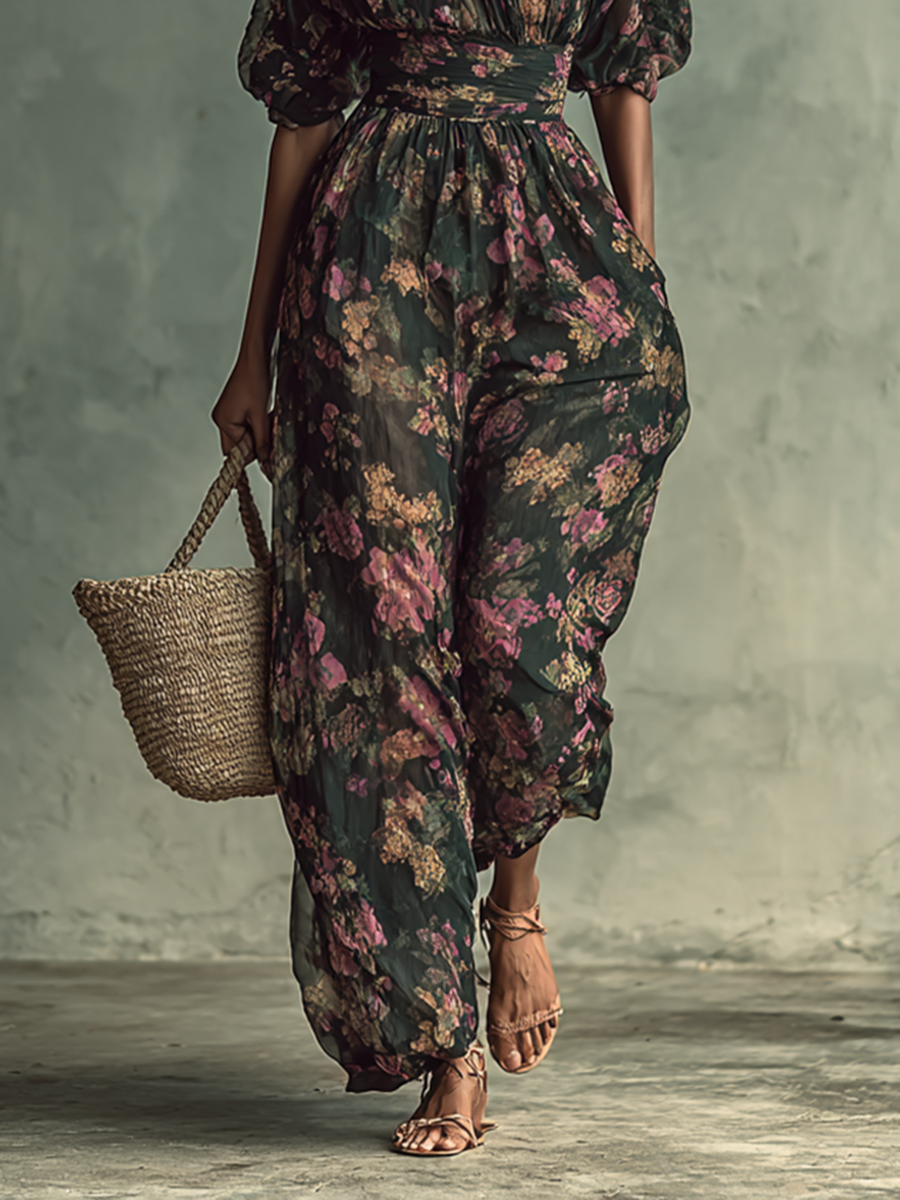 Tuta corta in chiffon floreale