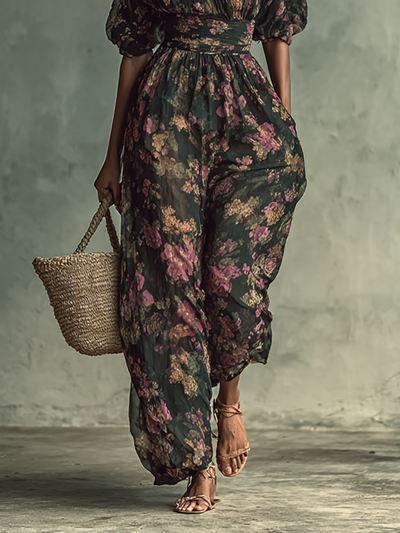 Tuta corta in chiffon floreale