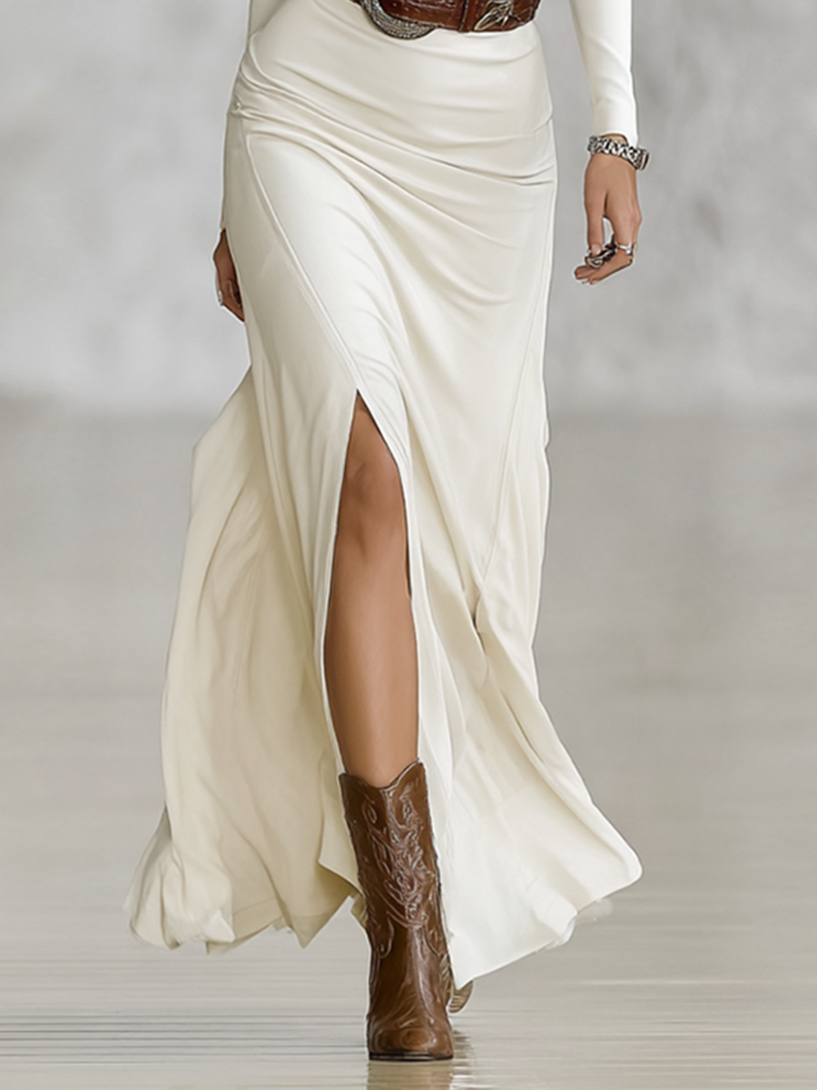 Abito Maxi da Donna con Collo a Revers e Maniche Lunghe