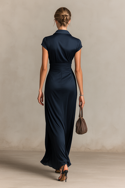 Abito Maxi in Raso con Collo a Revers
