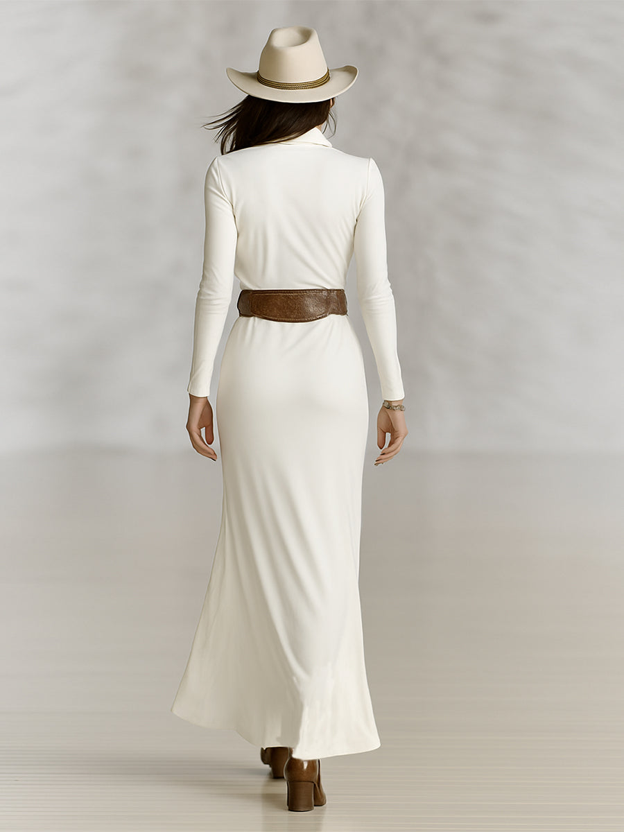 Abito Maxi da Donna con Collo a Revers e Maniche Lunghe