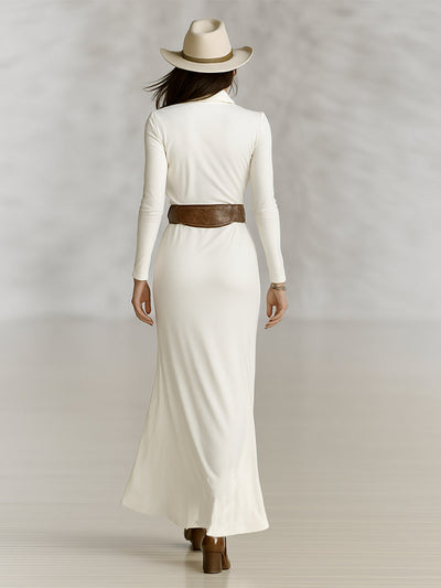 Abito Maxi da Donna con Collo a Revers e Maniche Lunghe