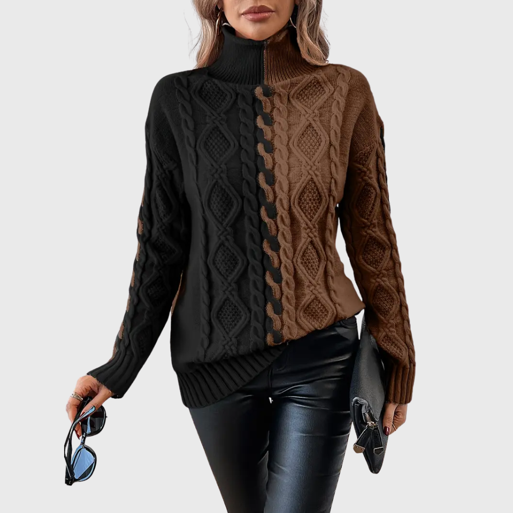 Elegante Maglione a Righe Con Collo Alto
