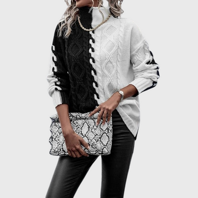 Elegante Maglione a Righe Con Collo Alto