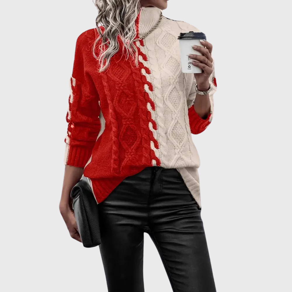 Elegante Maglione a Righe Con Collo Alto