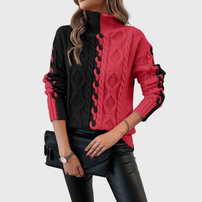 Elegante Maglione a Righe Con Collo Alto