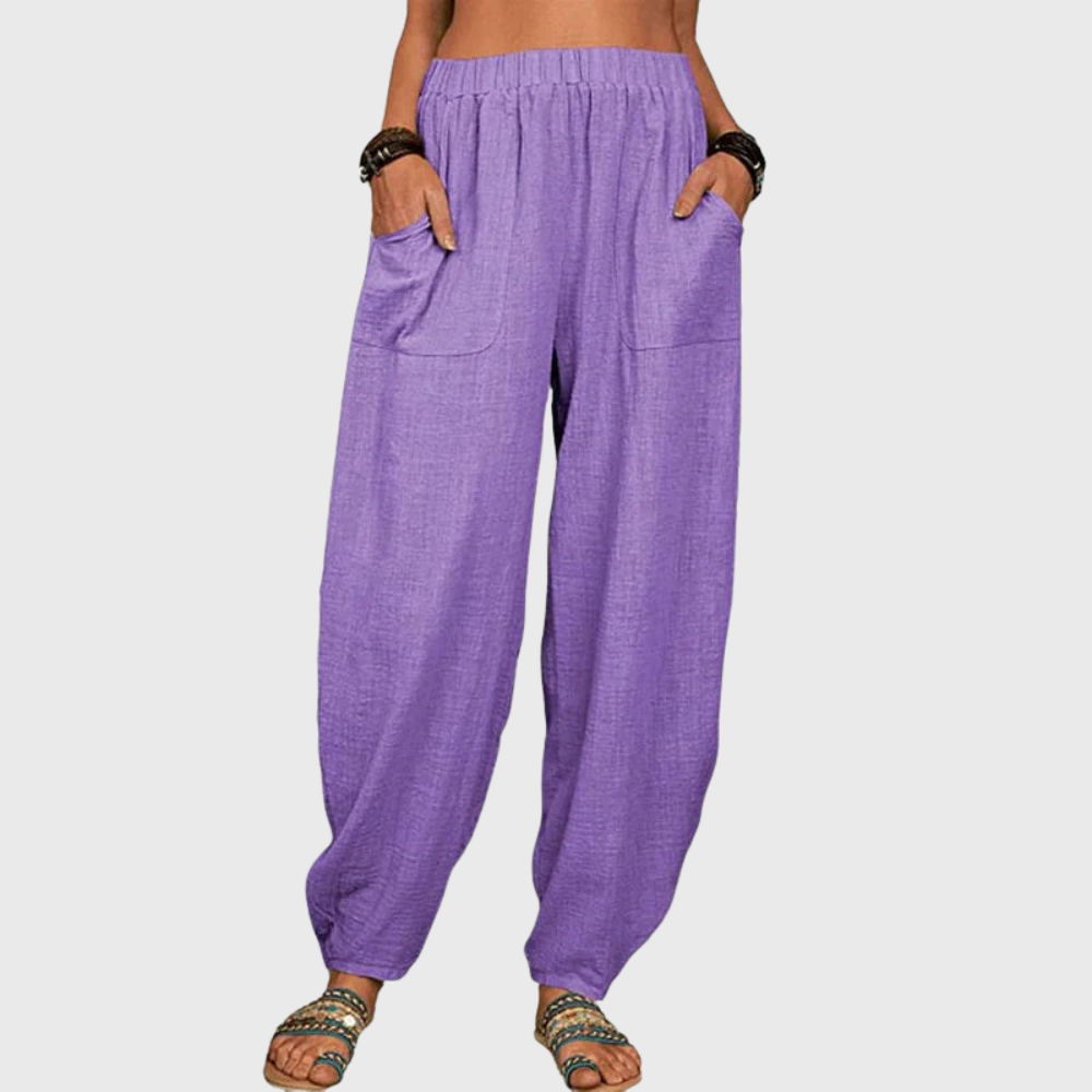 Pantaloni harem casual in cotone e lino