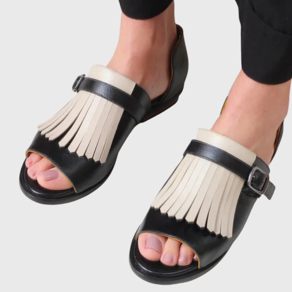 Sandali con frange neri e beige da donna