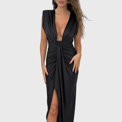 Abito midi classico con spacco drappeggiato e arricciato