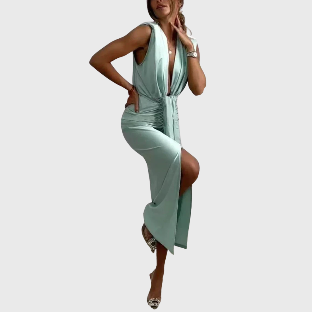 Abito midi classico con spacco drappeggiato e arricciato