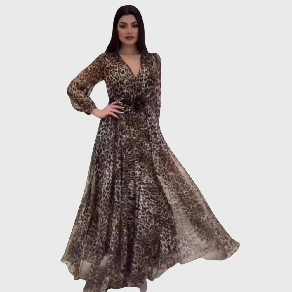 Elegante Abito Midi Con Stampa Leopardata