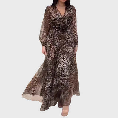 Elegante Abito Midi Con Stampa Leopardata