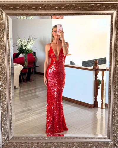 Selene – Abito maxi in paillettes con profondo scollo a V