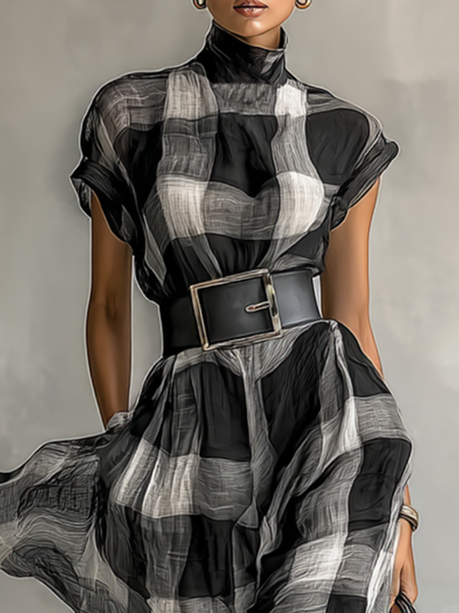 Abito lungo in chiffon a quadri da donna