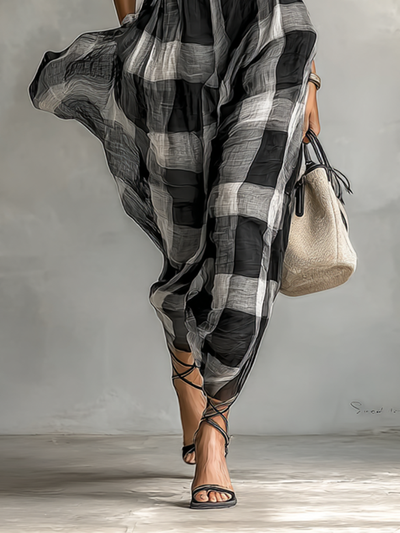 Abito lungo in chiffon a quadri da donna