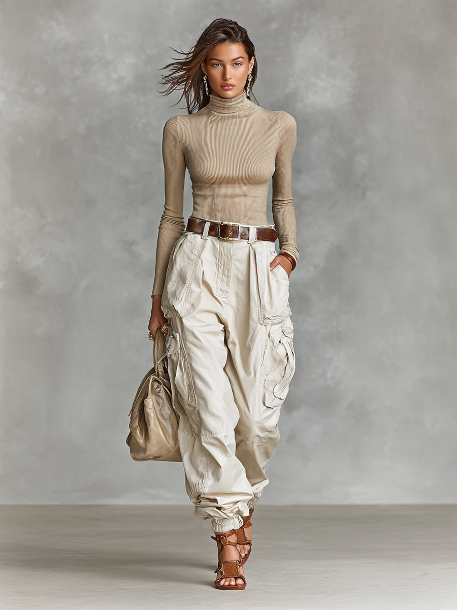 T-shirt Attillata a Collo Alto e Pantaloni Cargo