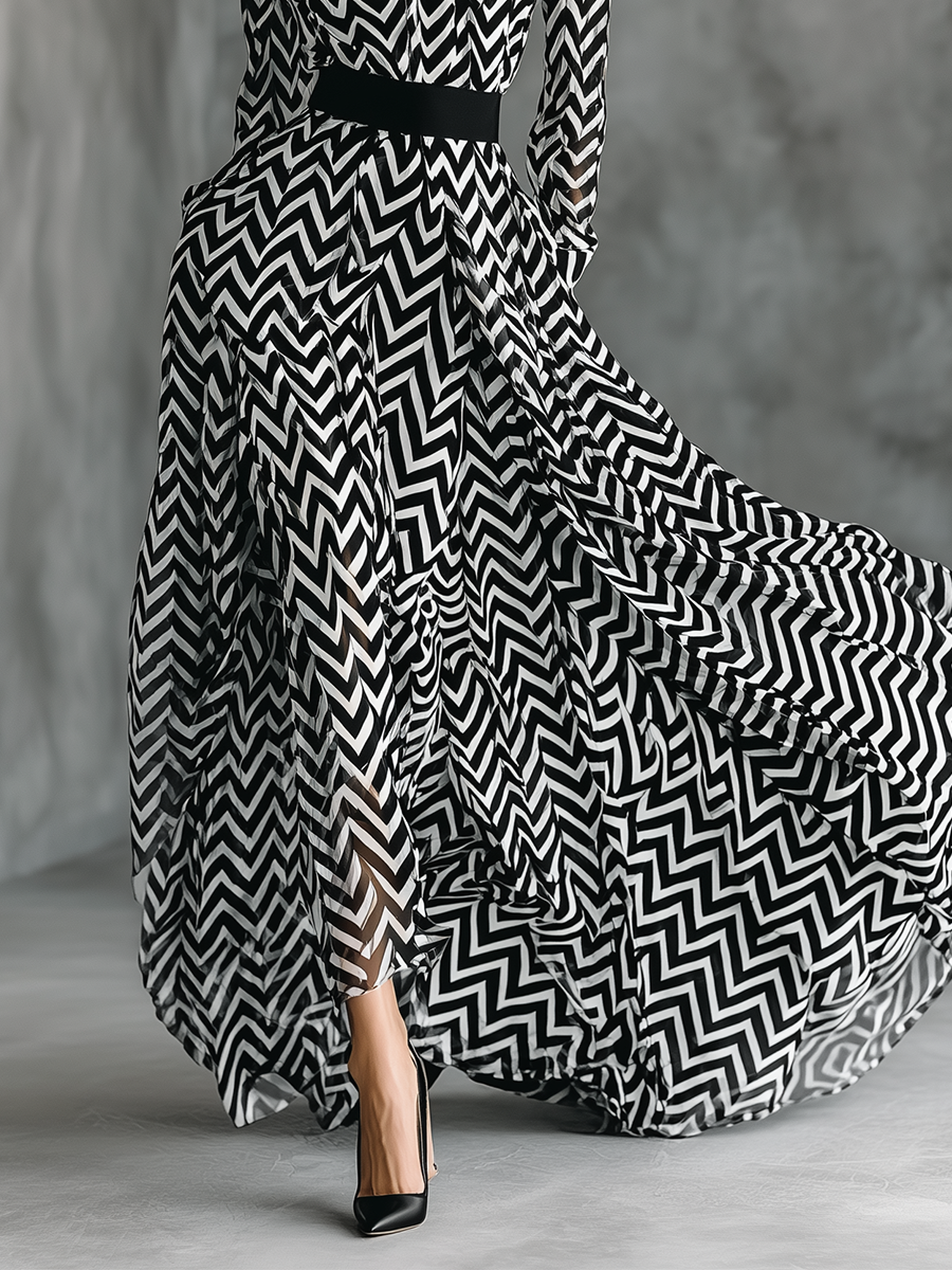 Abito Maxi Chiffon a Righe Bianco e Nero da Donna