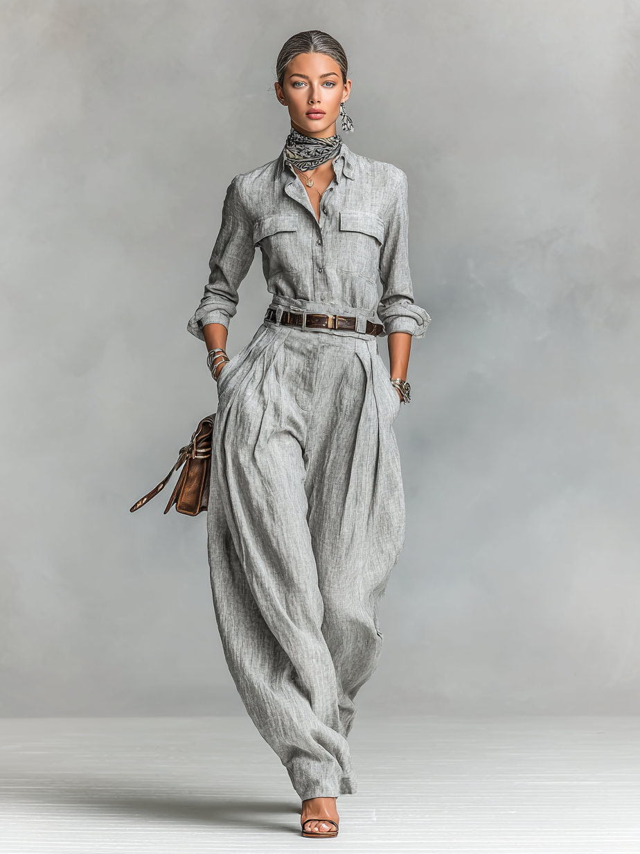 Set di Camicia e Pantaloni in Cotone-Lino a Maniche Lunghe per Donna