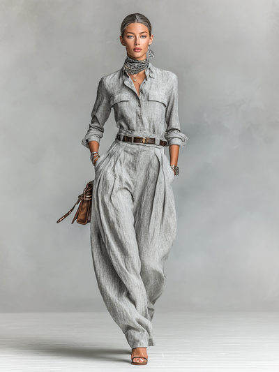 Set di Camicia e Pantaloni in Cotone-Lino a Maniche Lunghe per Donna