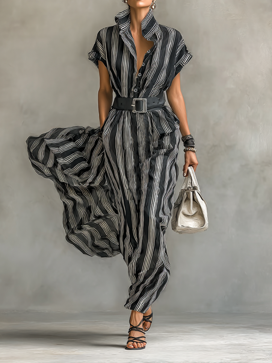 Abito lungo in chiffon a righe stampato