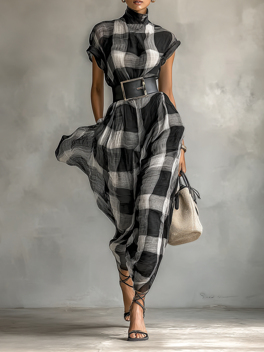 Abito lungo in chiffon a quadri da donna