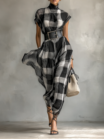 Abito lungo in chiffon a quadri da donna