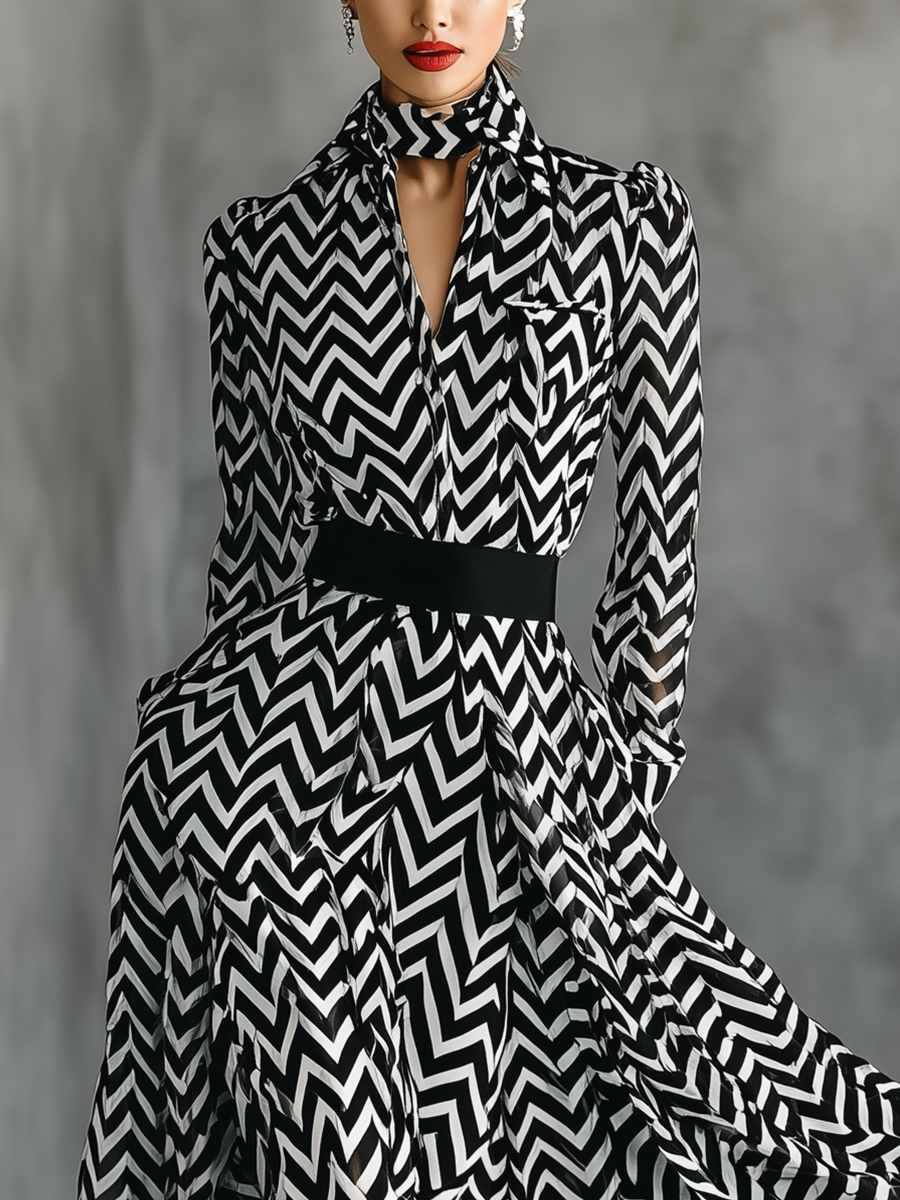 Abito Maxi Chiffon a Righe Bianco e Nero da Donna