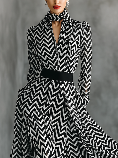 Abito Maxi Chiffon a Righe Bianco e Nero da Donna