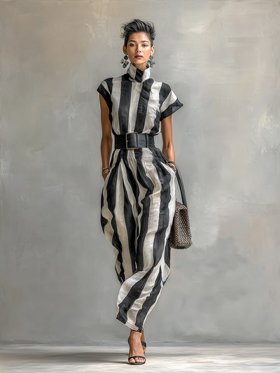 Abito Maxi in Chiffon con Collo Alto e Maniche Corte per Donna