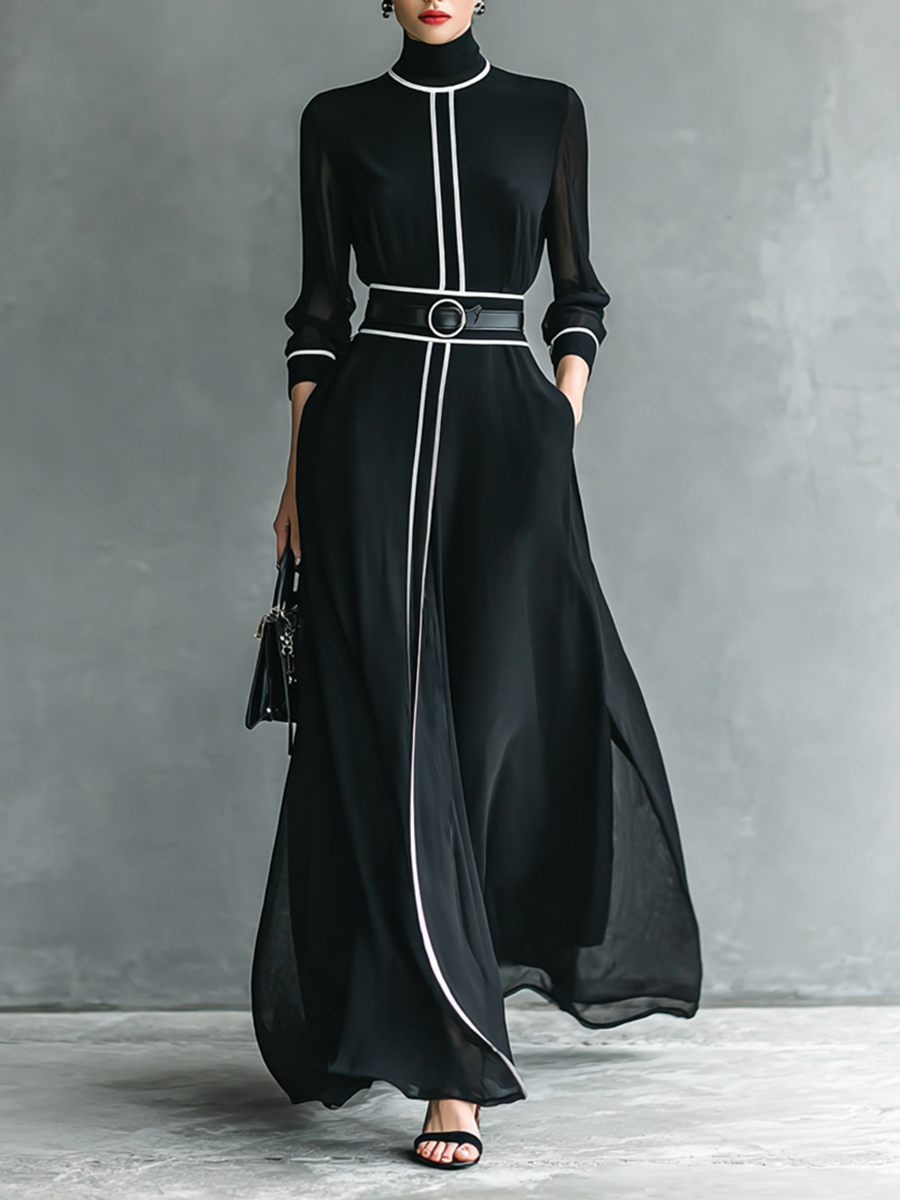 Abito Maxi in Chiffon con Collo Alto