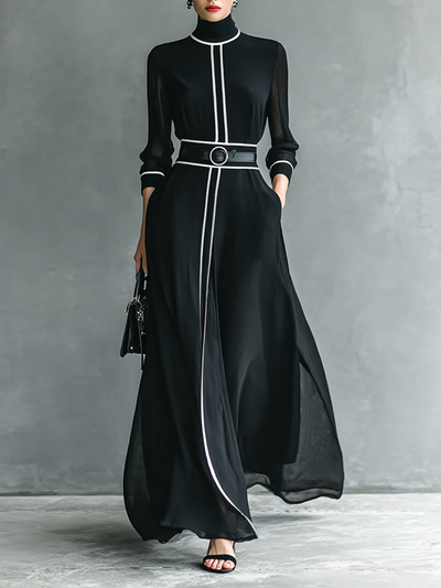 Abito Maxi in Chiffon con Collo Alto