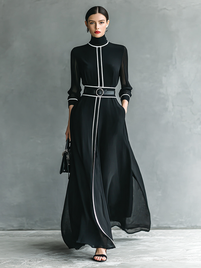 Abito Maxi in Chiffon con Collo Alto