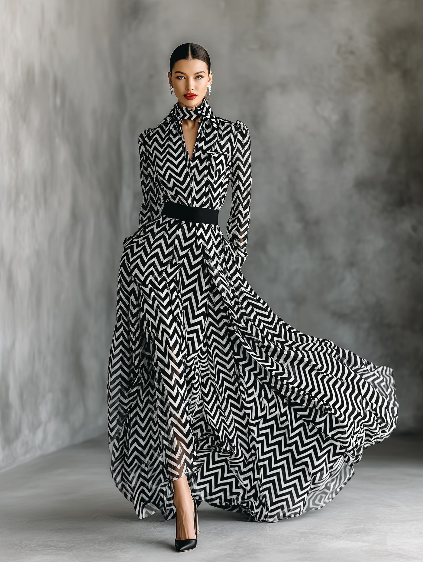 Abito Maxi Chiffon a Righe Bianco e Nero da Donna