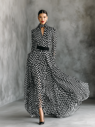 Abito Maxi Chiffon a Righe Bianco e Nero da Donna
